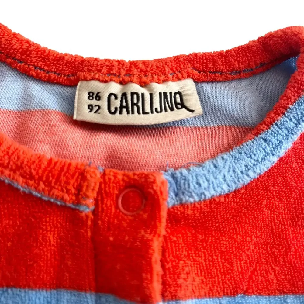 CarlijnQ Boys Blue Orange Stripe Terry Baby Jumpsuit Organic Cotton 18-24 months